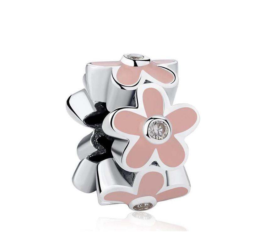 925 Sterling Silver Flowers Charm Crystal Stones Pink Enamel - Forever Kids Jewelry