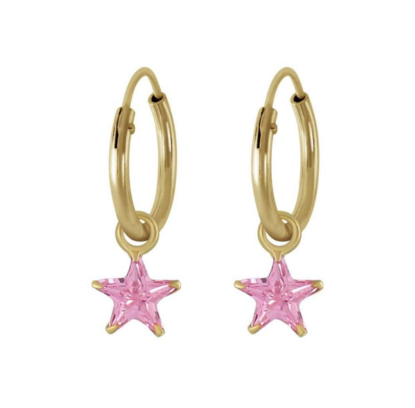 14K Gold Plated 925 Sterling Silver Star 4 mm CZ Hoop Earrings For Kids, Teens - Forever Kids Jewelry