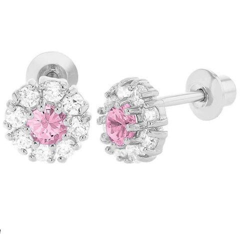 925 Sterling Silver Flower CZ Stones Screw Back Earrings For Baby, Kids and Teens - Forever Kids Jewelry