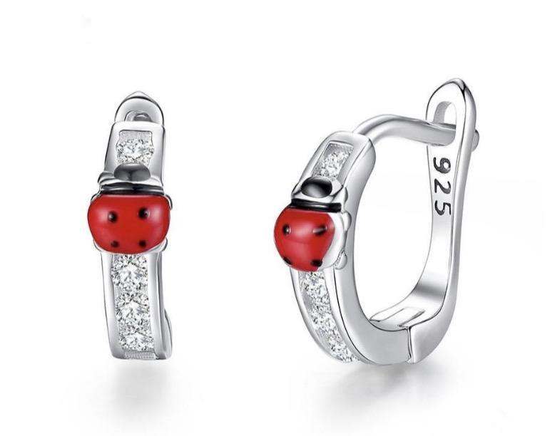 925 Sterling Silver Ladybug CZ Stones Red Enamel Huggie Hoop Earrings For Baby, Kids, Girls - Forever Kids Jewelry