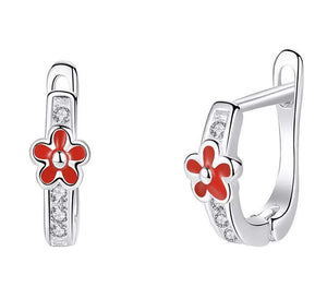 925 Sterling Silver Flower Crystal Stones Red Enamel Huggie Hoop Earrings For Baby, Toddlers, Kids, Girls - Forever Kids Jewelry