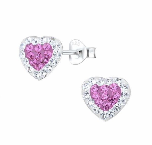 925 Sterling Silver Heart Crystal Stones 8 mm Push Back Earrings for Kids, Teens - Forever Kids Jewelry