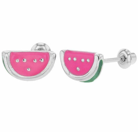 925 Sterling Silver Watermelon Enamel Screw Back Earrings For Toddlers, Kids, Teens - Forever Kids Jewelry