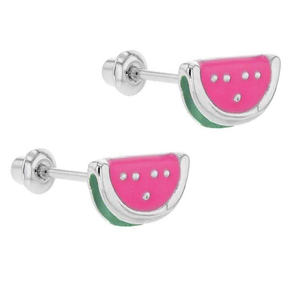 925 Sterling Silver Watermelon Enamel Screw Back Earrings For Toddlers, Kids, Teens - Forever Kids Jewelry