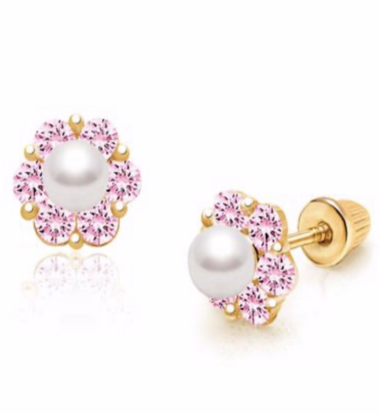 14K Gold Plated, 925 Sterling Silver Flower CZ Stones Pearl Screw Back Earrings for Baby, Kids, Teens - Forever Kids Jewelry