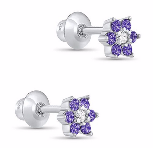 925 Sterling Silver Flower CZ Stones Screw Back Earrings for Baby, Toddler, Kids, Teens - Forever Kids Jewelry