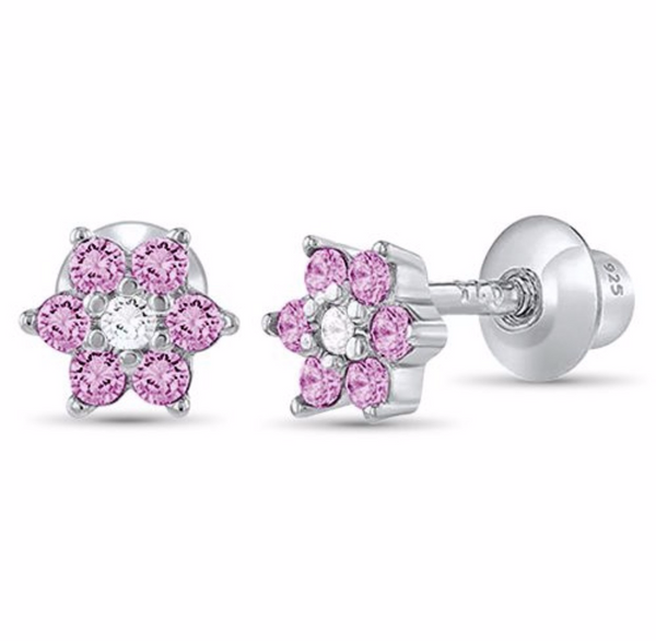 925 Sterling Silver Flower CZ Stones Screw Back Earrings for Baby, Toddler, Kids, Teens - Forever Kids Jewelry