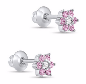 925 Sterling Silver Flower CZ Stones Screw Back Earrings for Baby, Toddler, Kids, Teens - Forever Kids Jewelry