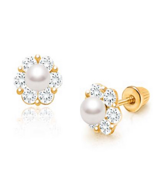 14K Gold Plated, 925 Sterling Silver Flower CZ Stones Pearl Screw Back Earrings for Baby, Kids, Teens - Forever Kids Jewelry