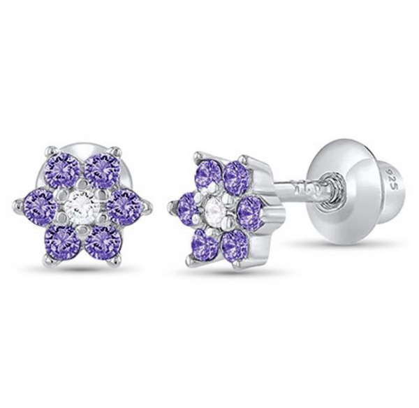 925 Sterling Silver Flower CZ Stones Screw Back Earrings for Baby, Toddler, Kids, Teens - Forever Kids Jewelry