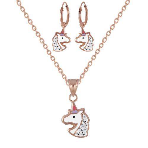 Gold Rose 925 Sterling Silver Crystal Unicorn Hoop Earrings and Necklace Set For Kids and Teens - Forever Kids Jewelry