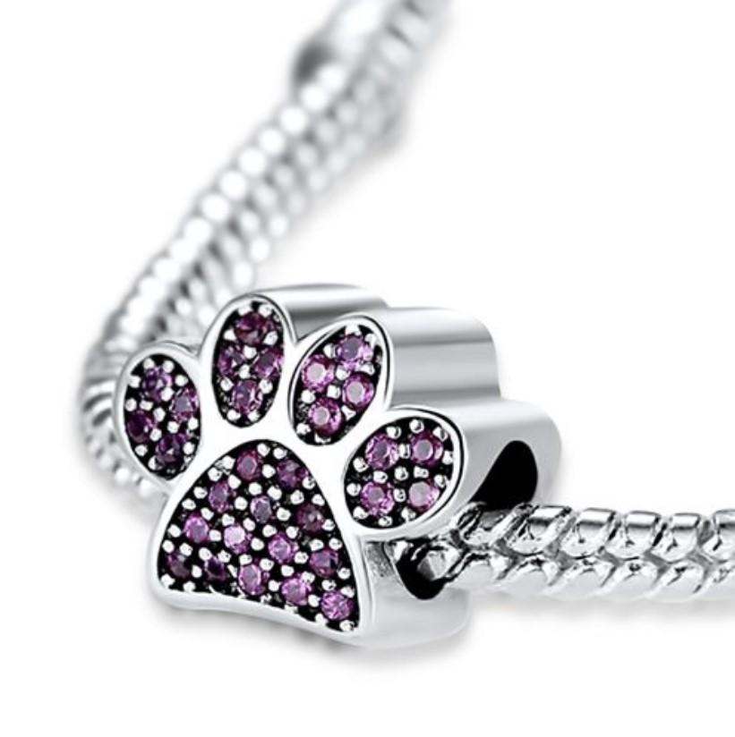 925 Sterling Silver Paw Print Charm Pink CZ Stones - Forever Kids Jewelry